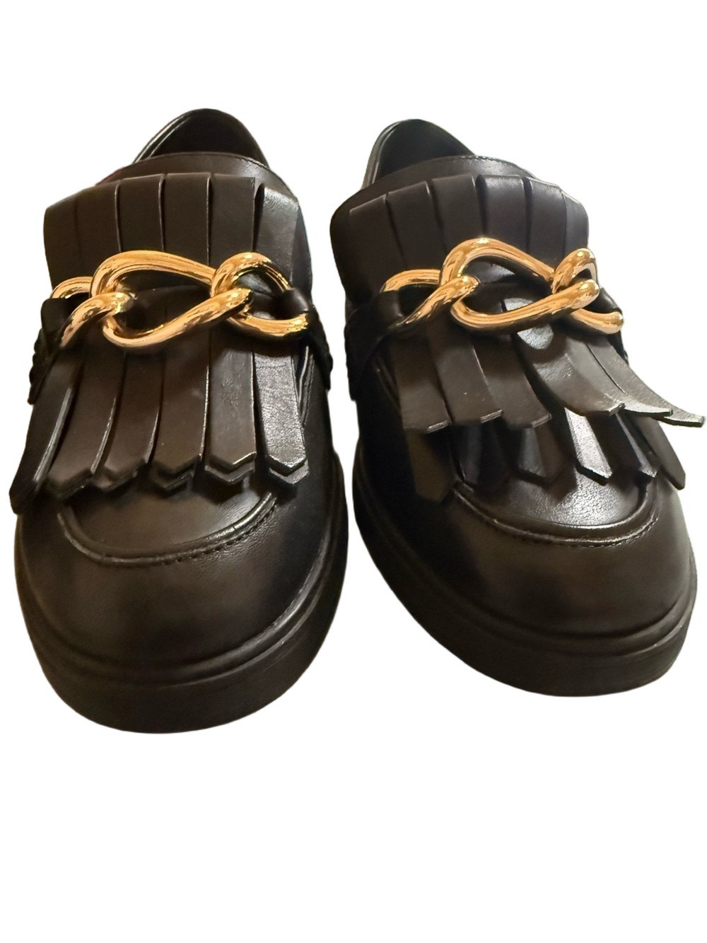 Antonio Melanie Black Leather Fringe Loafers with Gold Chain Accent